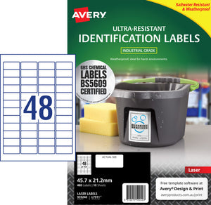 Avery Ultra-Resistant Chemical Grade Labels 959240 45.7x21.2mm 480pk 48-Up | Compact high-yield chemical-resistant label for sample tubes and vials