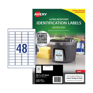 Avery Ultra-Resistant Chemical Grade Labels 959240 45.7x21.2mm 480pk 48-Up | Compact high-yield chemical-resistant label for sample tubes and vials