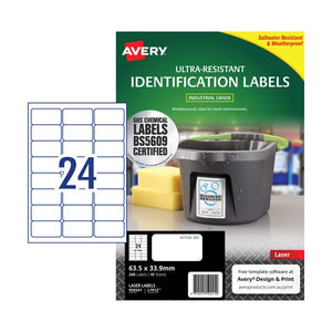Avery Ultra-Resistant Chemical Grade Labels 959241 63.5x33.9mm 240pk 24-Up | Extra-strong permanent chemical-resistant label for lab and industrial use