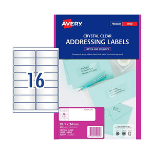 Avery Crystal Clear Address Labels 959050 L7562 400pk 99.1x34mm 16-Up | Transparent wide shallow label for invisible-label professional mailing