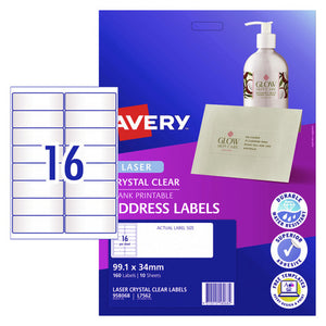 Avery Crystal Clear Address Labels 958068 L7562 99.1x34mm 10 Pack 16-Up | Transparent 16-Up address label for premium envelope presentation