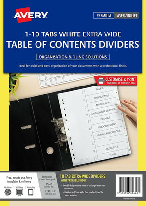 Avery White Extra Wide Polypropylene Dividers 85660 1-10 Index | Larger tab surface and greater durability for lever arch and wide-format binders
