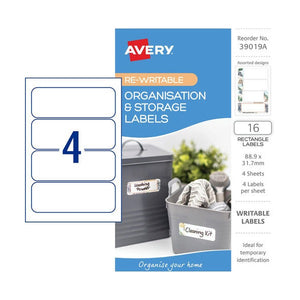 Avery Dry Erase Storage Labels 39019A 88.9x31.7mm 4 Pack | Wide wipe-clean rewritable label for storage bins and containers with changing contents