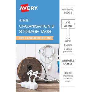 Avery Durable Cord Tags 39032 40x60mm White 24 Pack | Handwriteable polyester tags for cable and cord identification