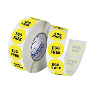 Avery Egg Free Allergy Label 937393 24mm Round 1000 Roll | Bold yellow allergy identification label for egg-free food in kitchens and catering