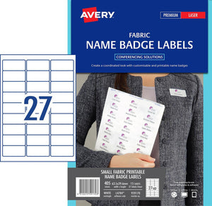 Avery Fabric Name Badge Labels 959170 L4784 405pk 63.5x29.6mm White 27-Up | Fabric-safe adhesive for conference badges on shirts and garments