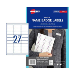 Avery Fabric Name Badge Labels 959170 L4784 405pk 63.5x29.6mm White 27-Up | Fabric-safe adhesive for conference badges on shirts and garments