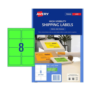Avery Fluoro Green Labels 36104 L7165FG 99.1x67.7mm 8-Up | High-visibility green compact parcel label for dispatch clearance and accepted identification
