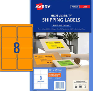 Avery Fluoro Orange Labels 36103 L7165FO 99.1x67.7mm 8-Up | High-visibility orange compact parcel label for colour-coded dispatch identification