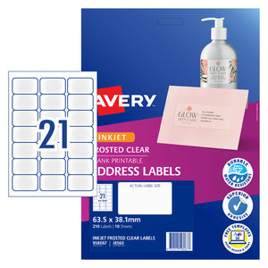 Avery Frosted Clear Address Labels 958067 J8560 63.5x38.1mm 10 Pack 21-Up | Semi-transparent address label for premium invitations and envelope presentation