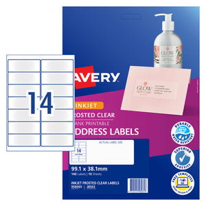 Avery Frosted Clear Address Labels 958065 J8563 99.1x38.1mm 10 Pack 14-Up | Wide semi-transparent address label for premium envelope and parcel presentation