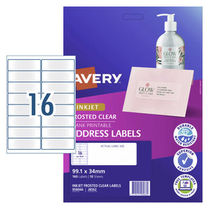 Avery Frosted Clear Address Labels 958066 J8562 99.1x34mm 10 Pack 16-Up | Translucent frosted label for premium correspondence where a softly opaque finish is preferred