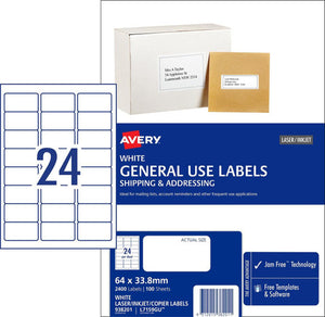 Avery White General Use Labels 938201 L7159GU 2400 Pack 24-Up | Very high yield for large mailing operations and bulk stock labelling