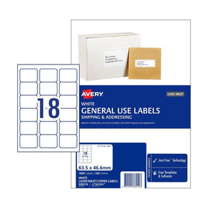 Avery White General Use Labels 938210 L7161GU 2400pk 18-Up | High-yield mid-size GU label for inkjet and laser printing