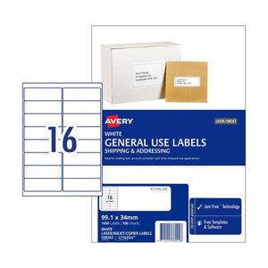 Avery White General Use Labels 938202 L7162GU 1600pk 16-Up | High-yield wide shallow format for inkjet and laser printing at the 99.1x34mm size