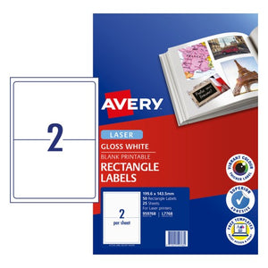 Avery Glossy Photo Quality Labels 959768 L7768 199.6x143.5mm 2-Up 25 Sheets | Large glossy labels for full-colour product labelling and promotional materials