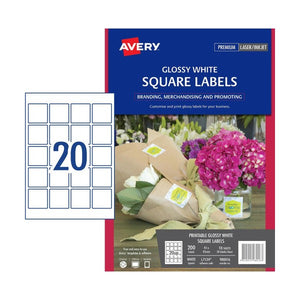 Avery Glossy White Square Product Labels 980016 L7124 200pk 45x45mm 20-Up | Compact glossy square for vibrant premium branding with geometric packaging alignment