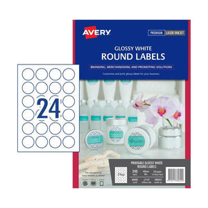 Avery Printable Glossy White Round Labels 980052 L7147 240pk 40mm 24-Up | Premium inkjet glossy circle for jars, bottles and packaging
