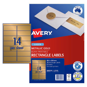 Avery Gold Rectangle Labels 980070 L7215 99.1x38.1mm 5 Pack 14-Up | Premium gold metallic address-width label for product branding and award recognition