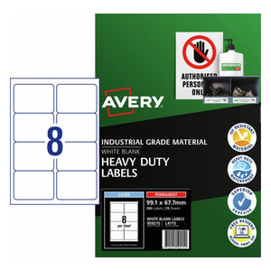 Avery Heavy Duty Permanent Laser Labels 959215 L4715 99.1x67.7mm 8-Up 25 Sheets | High-volume mid-size weatherproof label for equipment and stock identification