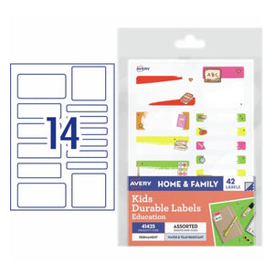 Avery Kids Durable Labels Education 41425 Assorted Pack | Waterproof school-themed name labels for back-to-school bag and gear labelling