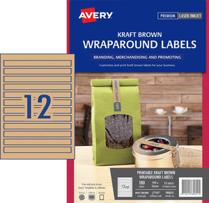 Avery Kraft Brown Wraparound Labels 980051 L7145 180pk 190x16mm 12-Up | Natural kraft narrow wraparound for wine bottle necks and cylindrical artisanal packaging