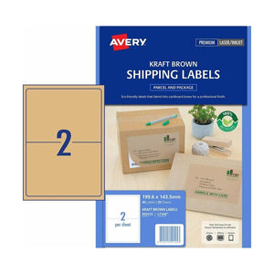 Avery Brown Kraft TrueBlock Shipping Labels 959125 L7168 80 Labels 199.6x143.5mm 2-Up | Natural kraft half-sheet label for eco-conscious shipping