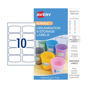 Avery Pastel Organisation Storage Labels 39015A 44.4x25.4mm 5 Pack | Water-resistant removable rectangular label for storage containers in a refined pastel design