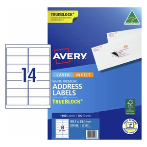 Avery Premium Address Labels with TrueBlock L7163 1400 Pack 99.1 x 38.1mm White 14UP - image 1