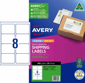 Avery Premium Shipping Labels with AveryEco pack, blue and magenta box marked Laser Inkjet, 400 Labels 50 Sheets, 99.1 x 67.7mm, with an 8 per sheet layout diagram and the Australian Made logo.