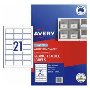 Avery Printable Fabric Textile Labels 980076 62x35.5mm Pack | Compact inkjet-printable fabric labels for small clothing name labels and children's garment tags