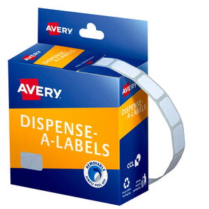 Blue and orange Avery Dispense-A-Labels carton with a hanging header card, a strip of small blank white labels feeding out of the pull-gradually slot and curving down, beside a Removable Simply Peel Off roundel and recycling icons.