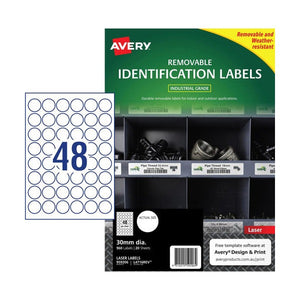 Avery Removable White Heavy Duty Round Labels 959206 L4716 30mm 20pk 48-Up | Weather-resistant removable circle label for temporary asset and container identification