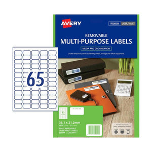 Avery White Removable Labels 959049 L7651REV 1625pk 38.1x21.2mm 65-Up | Standard address size in removable adhesive for temporary labelling and resent packages