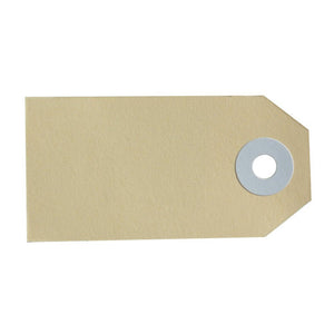 Avery 11100 Size 1 buff shipping tag 70 x 35mm in compact box of 100 showing reinforced metal eyelet and dual-sided manilla board surface for small parcel and low-volume labelling