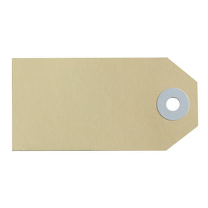 Avery 12000 Size 2 buff shipping tag 82 x 41mm showing reinforced metal eyelet and smooth dual-sided manilla board writing surface, box of 1000 tags for parcel and postal labelling
