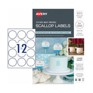 Avery Textured White Scallop Labels 982518 L7283 60pk 63mm 12-Up | Decorative scallop-edged circle for gift labelling and premium handcrafted presentation