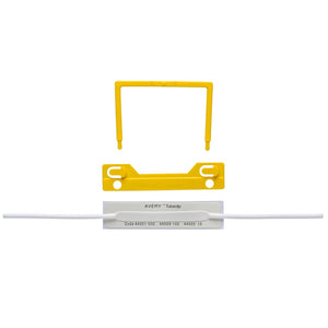 Avery yellow Tubeclip fastener set laid out on white, a yellow U piece above a yellow compressor bar embossed Avery Tubeclip, and a white self adhesive base strip printed with codes 44001, 44009 and 44005.
