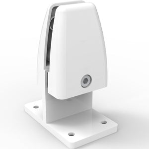 Rapidline back to back EPS screen clamp in white powder coat, a rounded clamp body with a hex screw set on an upright stem and a drilled base plate.