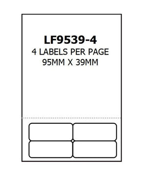 Bala integrated label form sheet showing four 95x39mm peel-off labels on A4 paper