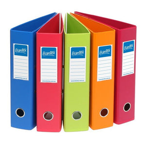 Bantex A4 Fruits PVC lever arch files in assorted vivid colours, box of 10, standing upright on white background