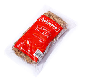 Belgrave Size 32 500g bag of flat brown rubber bands with the red Quality Rubber Bands label, Made in Thailand print and a barcode sticker