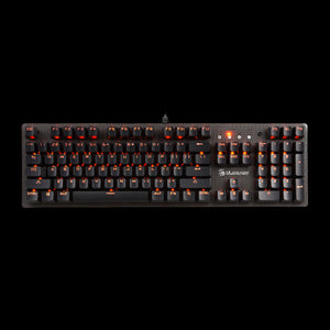 Bloody B800 Light Strike gaming keyboard front view on black, with orange backlit keys, number pad and USB cable at the top