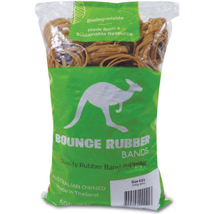 Clear 500g bag of natural tan Bounce Size 31 rubber bands with a green kangaroo label, white panel reading Size 31 500g BAG and Made in Thailand