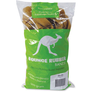 Clear Bounce Rubber Bands 500g bag of wide natural tan Size 85 bands, green kangaroo print and a white label reading Size #85 500g BAG