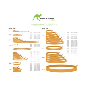 Bounce Rubber Bands size chart grouping bands by width, with Size 10 listed in the 1.5mm group at 35mm x 1.5mm