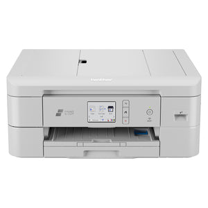 Brother DCP-J1800DW Print and Cut Inkjet Printer shown with an empty output tray on a neutral background. This clean product shot focuses on the printer's compact dimensions, integrated cutting mechanism, colour touchscreen display, wireless connectivity indicators, and streamlined design. Ideal for businesses and home users seeking an innovative print, scan, and copy solution that simplifies the production of A5 documents and marketing materials.