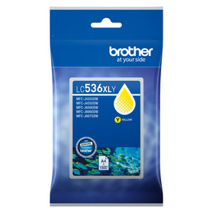 Brother LC536XLY High Yield Yellow Ink Cartridge displayed in genuine Brother retail packaging on a professional office desk. Positioned beside a Brother printer, notebook and printed documents, the cartridge packaging clearly shows the LC536XLY model number and yellow ink identification. The image highlights reliable colour printing performance for business reports, marketing materials and everyday office documents while showcasing a clean and organised workspace.