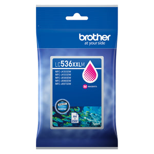 Detailed product image of the Brother LC536XXLM super high yield magenta ink cartridge packaging showing the cartridge model number, magenta colour identifier, compatible printer range and high yield capacity of up to 2,500 pages for extended printing performance.