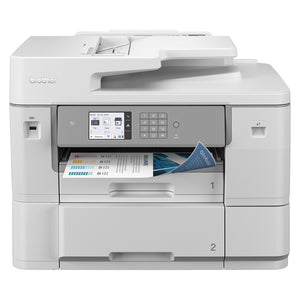 Studio product image of the Brother MFC J6959DW A3 inkjet printer highlighting the automatic document feeder, dual paper trays, touchscreen display and professional business ready design.